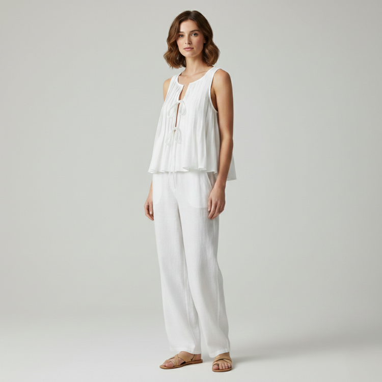 Pleated Tie-Neck Blouse